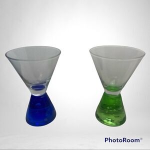 Shot Glasses Pedestal Style Green and Cobalt Blue Glass Set of 2